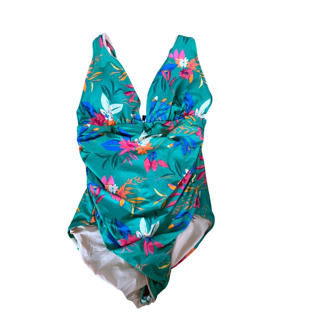 J. Crew Floral Ruched V-Neck One Piece Swimsuit Green Tropical XL RN77388